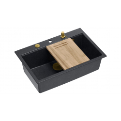 Zlewozmywak granitowy MARC 1-komorowy 76x50 cm czarny/black diamond + Nano ZŁOTO PVD