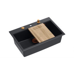Zlewozmywak granitowy MARC 1-komorowy 76x50 cm czarny/pure carbon + Nano MIEDŹ PVD