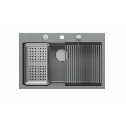 Zlewozmywak granitowy MARC 1-komorowy 76x50 cm szary/silver stone + elementy stal szlachetna