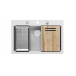 Zlewozmywak granitowy MARC 1-komorowy 76x50 cm biały/snow white + elementy stal szlachetna