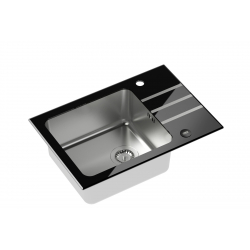 Jack 116 komora stalowa z czarnym blatem szklanym z syfonem i zaślepką (640x440/R35) + NAOMI SteelQ stalowa bateria kuchenna czarny połysk