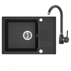 Celia - zlewozmywak 1-komorowy z półociekaczem z baterią granitową z wylewką U czarny SJCG713T